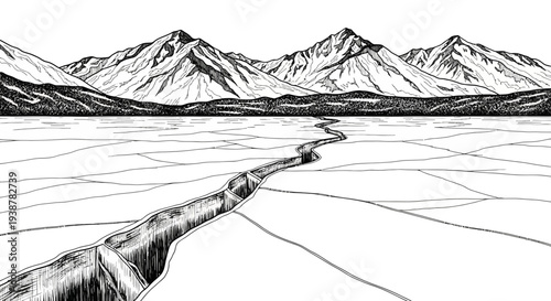 Monochrome winter vista: a vast ice field fractured by a deep fissure, framed by towering peaks