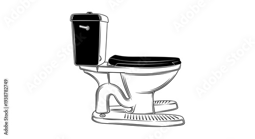 Classic bathroom fixture line art illustration depicting a vintage style toilet bowl and cistern