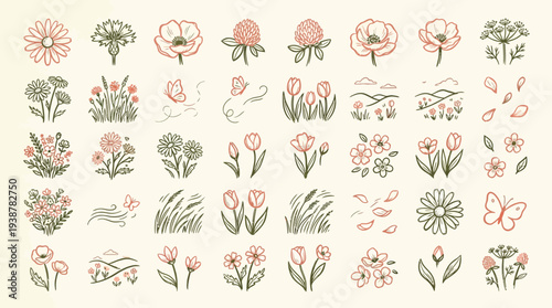 A collection of delicate hand-drawn floral illustrations and botanical elements in a soft, vintage color palette.