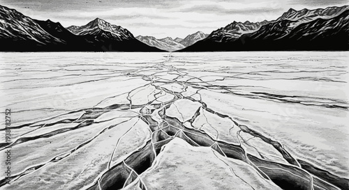 Expansive winter landscape with a dramatic cracked ice surface leading to towering distant mountains