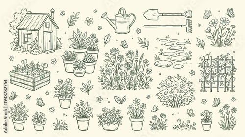 A charming hand-drawn illustration depicting a variety of garden elements, including a shed, potted plants, flowers, tools, and a stone path.