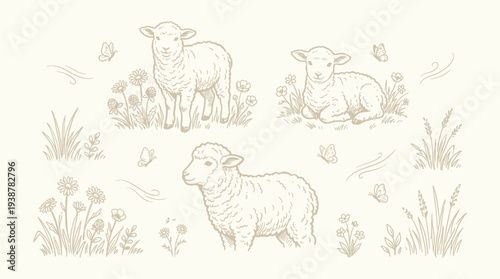 A charming illustration featuring three adorable lambs in a pastoral setting, surrounded by dandelions, grass, and delicate butterflies.
