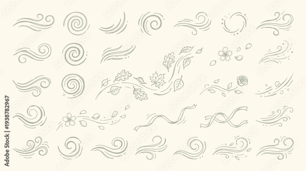 Fototapeta premium A collection of hand-drawn, delicate wind and floral elements, including swirls, gusts, leaves, and flowers, presented in a light green sketch style on a cream background.