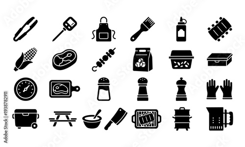 BBQ and Grilling Solid Icon Set – Barbecue Tools, Meat, Cooking Equipment Vector Collection