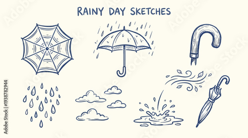 A charming collection of hand-drawn sketches depicting various elements associated with a rainy day, including umbrellas, raindrops, clouds, and puddles.