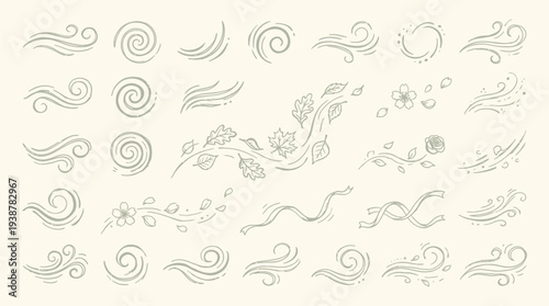 A collection of hand-drawn, delicate wind and floral elements, including swirls, gusts, leaves, and flowers, presented in a light green sketch style on a cream background.
