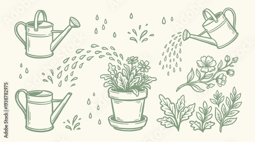 A charming hand-drawn illustration featuring gardening elements like watering cans, a potted plant with flowers, and various leaves and sprigs, all in a soft green color palette.