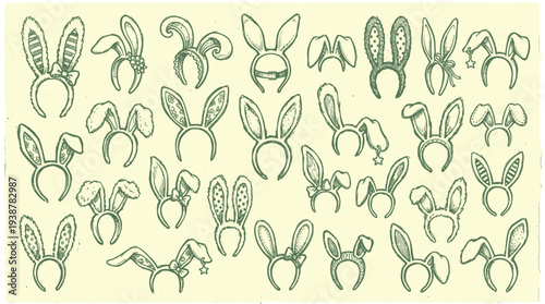 A collection of hand-drawn illustrations of various bunny ear headbands, showcasing different styles and designs.