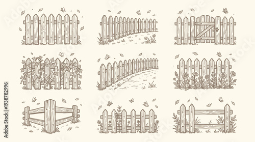 Collection of hand-drawn illustrations of various wooden fences, including straight, curved, and gated designs, with surrounding foliage and falling leaves.