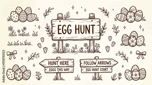 A charming hand-drawn illustration of an Easter egg hunt scene, featuring a wooden sign, directional arrows, and decorative Easter eggs scattered amongst foliage and flowers.