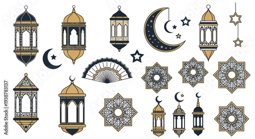 Ramadan Kareem decorations featuring crescent moon, stars, and traditional Islamic lanterns in gold and blue