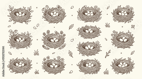 A charming collection of hand-drawn bird nests, each cradling a clutch of delicate eggs, set against a soft, textured background with scattered leaves and grass.
