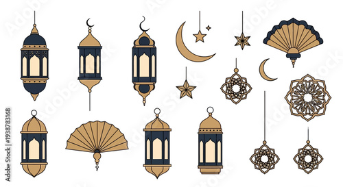 Ramadan lanterns, crescent moons, and star ornaments, Ramadan cultural decorations for Islamic holidays and celebrations