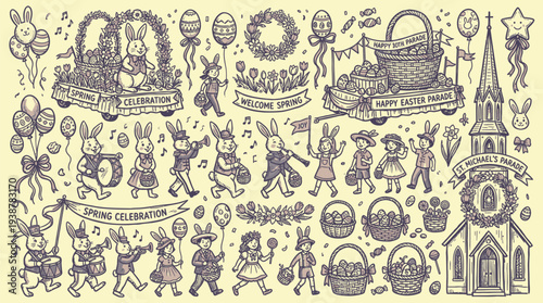 A whimsical hand-drawn illustration depicting an Easter parade with anthropomorphic bunnies, floats, marching bands, children, and a church.
