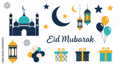 Islamic celebration of Eid Mubarak with mosque, crescent moon, lanterns, stars, and gift boxes