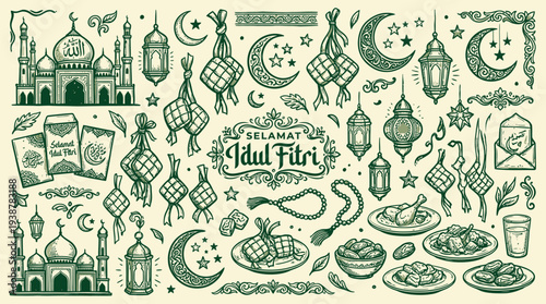 Intricate illustration of Islamic motifs and Eid al-Fitr symbols, including mosques, lanterns, ketupat, and food, in a vintage green and beige color scheme.