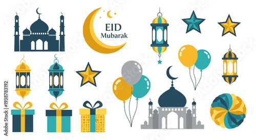 Ramadan Kareem and Eid Mubarak greeting card elements with mosque, moon, stars, lanterns, gifts, and balloons