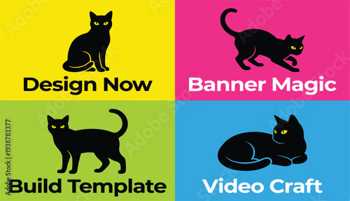 Collage of cat silhouettes with design-related text on colorful backgrounds from various viewpoints