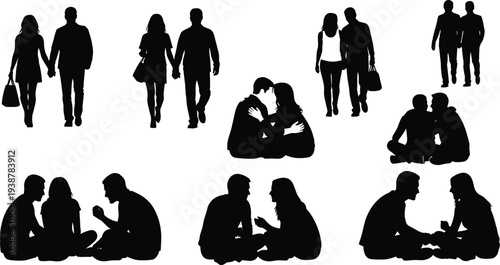 Silhouettes of diverse couples walking hand in hand, sitting, and talking in various romantic poses, perfect for lifestyle, relationship, intimacy, and togetherness concept designs