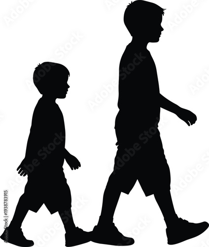 silhouette, boys, walking, brothers, friends, children, kids, childhood, people, person, together, outdoor, youth, vector, lifestyle, black silhouette, white back
