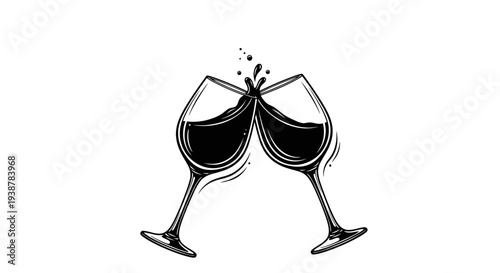 Elegant black and white illustration of two wine glasses clinking with a dynamic splash
