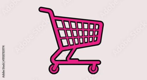Pink shopping cart on wheels icon.