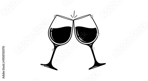 Elegant minimalist illustration of two wine glasses clinking together in a joyous celebratory toast