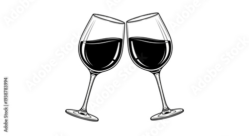 Elegant monochrome illustration of two gracefully clinking wine glasses, symbolizing a celebratory