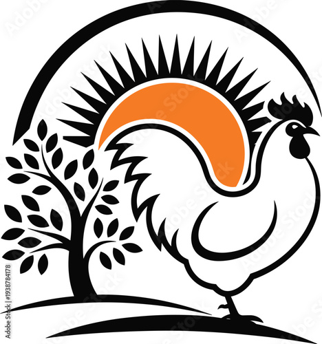 Stylized vector illustration of a rooster silhouette with a rising sun and leafy tree for organic farm poultry agriculture and breakfast food branding