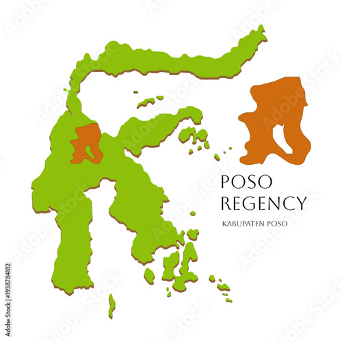 Icon of Central Sulawesi island map with highlighted Poso Regency area, green Indonesian islands illustration featuring regional map design of Sulawesi Tengah, Indonesia vector graphic
