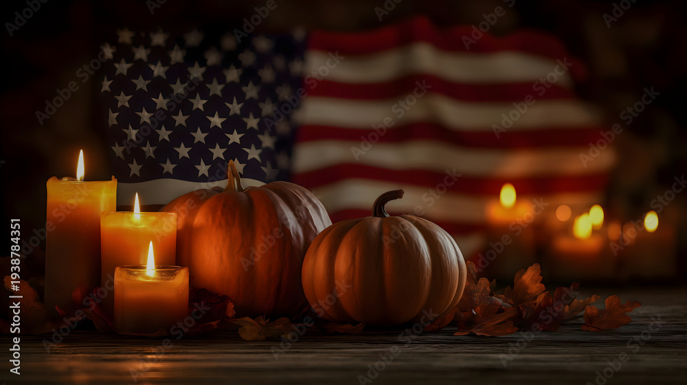 Obraz premium Autumn Pumpkins and Candles with American Flag - Thanksgiving Patriotic Fall Decor