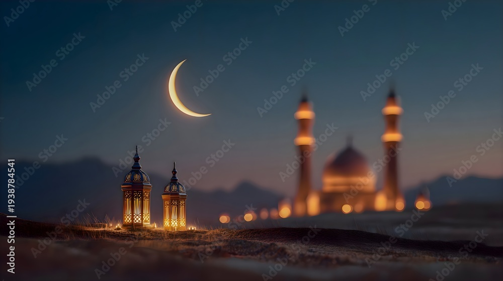 Fototapeta premium Spiritual Night Landscape with Mosque, Crescent Moon, and Glowing Lanterns