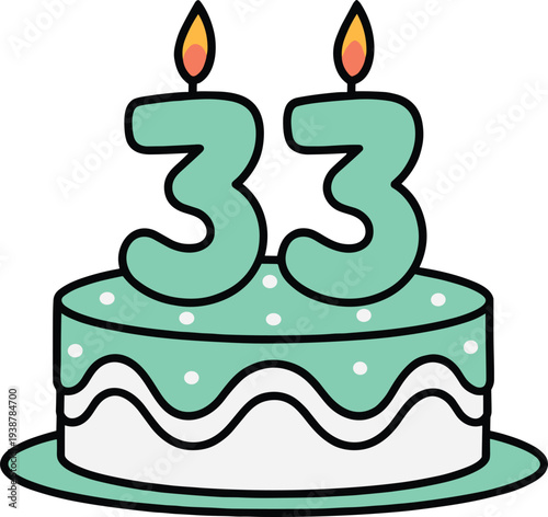Thirty Third Birthday Cake with Number 33 Candles, Cute Cartoon Celebration Dessert Illustration for Anniversary Party Invitation, Festive Event and Greeting Design