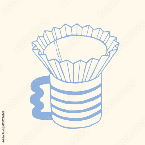 Hand drawn pour over coffee dripper on striped mug in minimalist blue line style. Trendy barista vector illustration perfect for specialty coffee branding, cafe menu and packaging design