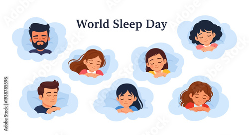 Illustration of diverse people sleeping peacefully in thought bubbles on World Sleep Day, promoting healthy sleep concept and awareness.
