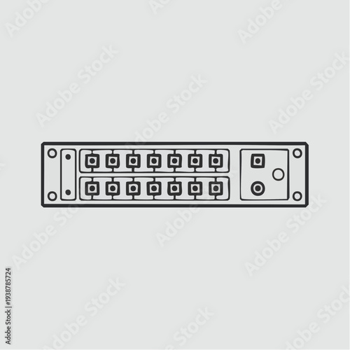 black and white illustration of a network switch with 12 ethernet port