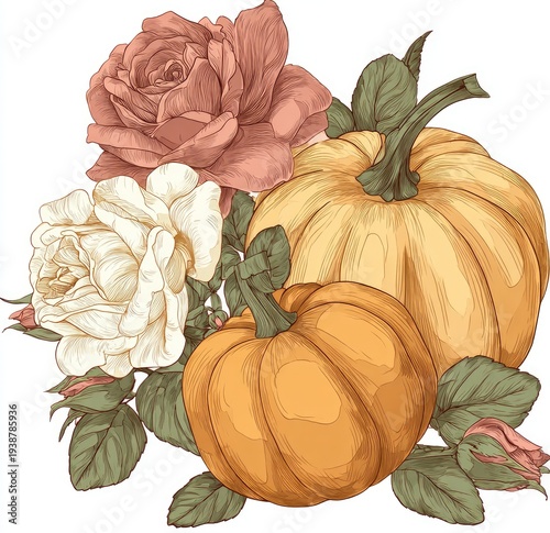 Vintage-style bouquet of roses and pumpkins, autumn harvest elegance