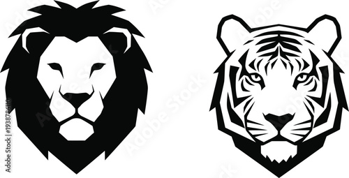 Black and white illustrations of a lion and a tiger head
