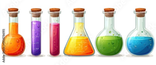 Colorful vials and flasks containing bubbly liquids