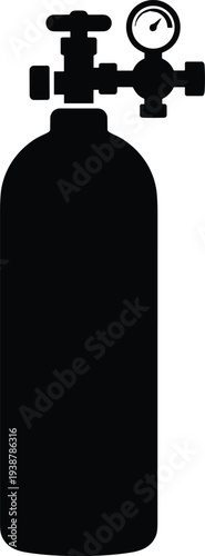 Minimal vector silhouette, medical oxygen tank cylinder with valve, solid black, isolated on white background.