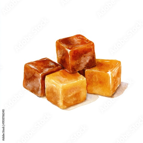 Watercolor depiction of five glistening caramel candies, stacked casually, on a white background