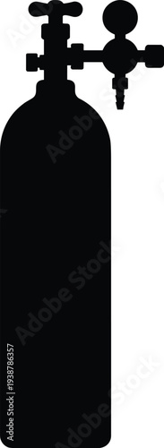 Minimal vector silhouette, medical oxygen tank cylinder with valve, solid black, isolated on white background.