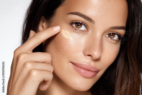 Woman applying foundation makeup on face closeup, beauty skincare routine, natural skin tone, cosmetic product, female with healthy glowing complexion.