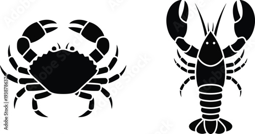 Black and white silhouette illustrations of a crab and a lobster