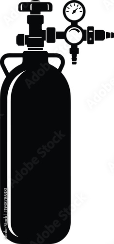 Minimal vector silhouette, medical oxygen tank cylinder with valve, solid black, isolated on white background.