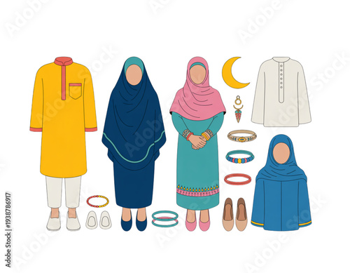 A colorful illustration of traditional Islamic clothing and accessories on transparent background