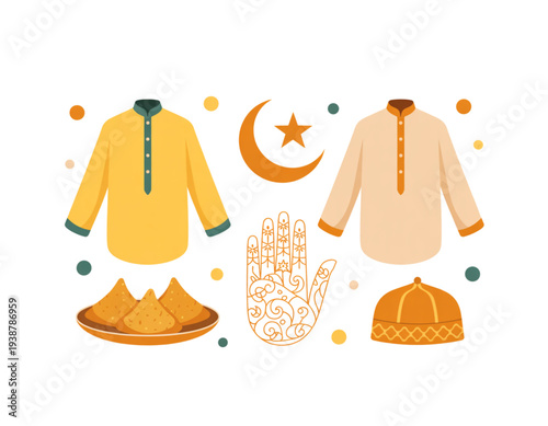 A vibrant illustration of traditional Islamic clothing and symbols on transparent background