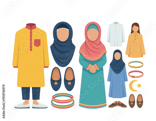 A colorful vector graphic illustration of traditional clothing and accessories on transparent background