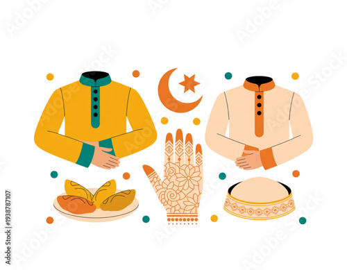 A vibrant illustration of traditional clothing and symbols for a cultural celebration on transparent background