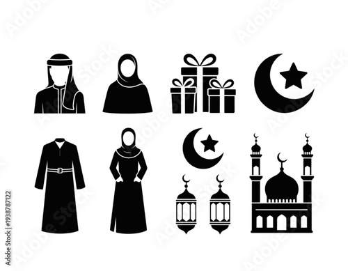A set of black and white Islamic icons and symbols on transparent background